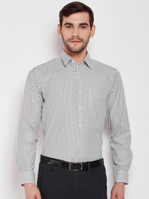 English Navy Men White & Black Slim Fit Striped Formal Shirt