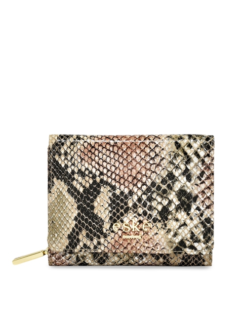 Eske Women Beige Printed Leather Two Fold Wallet