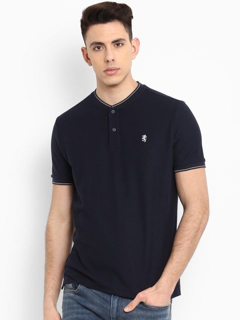 Red Tape Men Navy Blue Solid Henley Neck Pure Cotton T-shirt