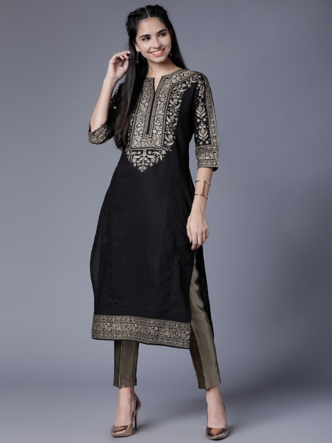 Folklore Women Black Printed Straight Kurta