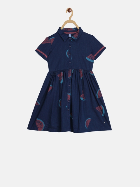 Blue Giraffe Girls Blue Printed Shirt Dress