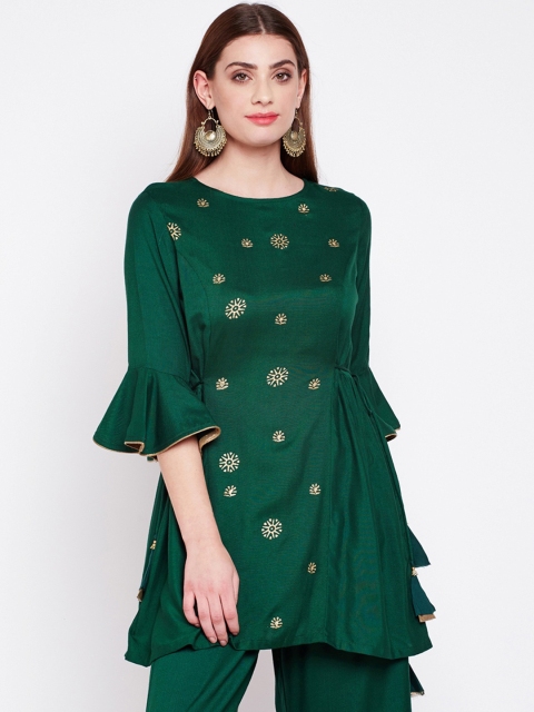 studio rasa Women Green Printed Pure Cotton A-Line Kurti