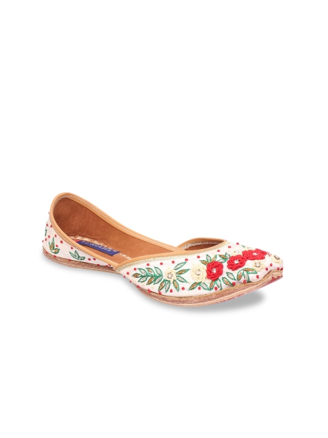 MSC Women White Woven Design Embroidered Leather Mojaris