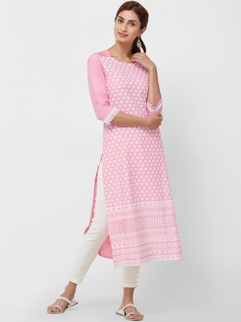 Naari Women Pink & White Embroidered Straight Kurta