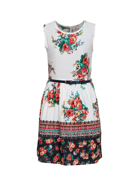 Oxolloxo Girls White Printed Fit and Flare Dress