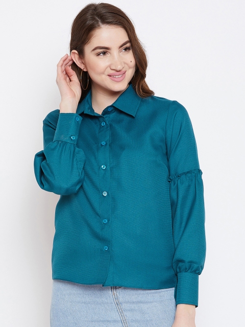 Imfashini Women Teal Solid Shirt Style Top