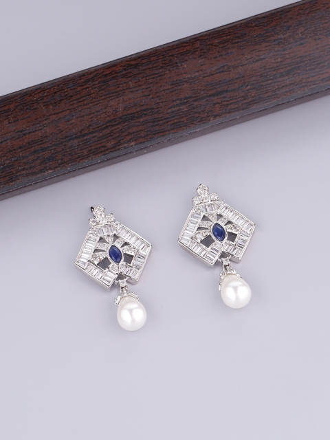 Studio Voylla Women Silver-Plated & Blue Handcrafted Contemporary Drop Earrings