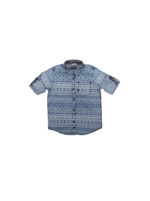 Allen Solly Junior Boys Blue Regular Fit Printed Roll-Up Sleeves Casual Shirt