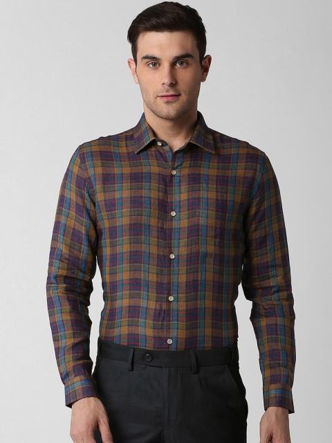 Peter England Elite Men Blue & Brown Slim Fit Checked Formal Shirt