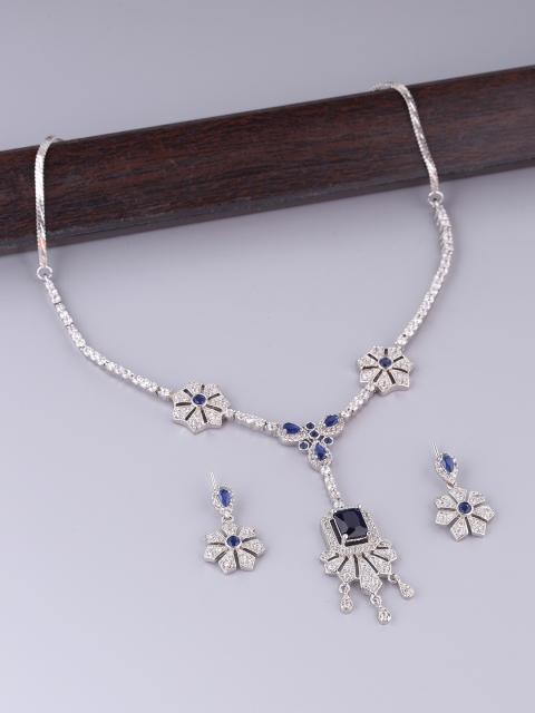 Studio Voylla Women Silver-Plated & Blue Stone-Studded Jewellery Set