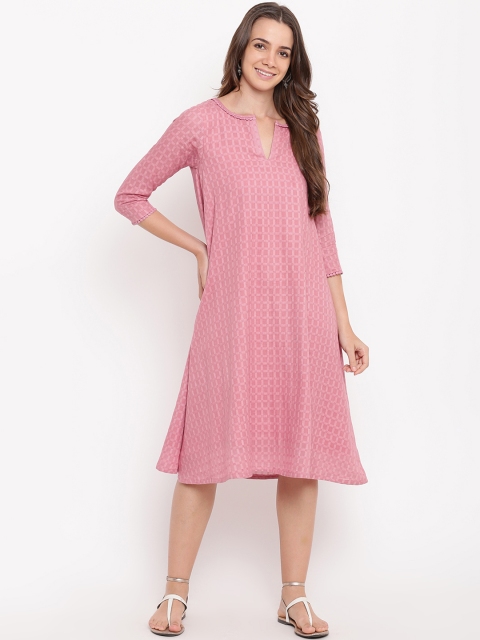 trueBrowns Women Pink Checked A-Line Dress