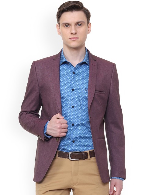 Allen Solly Men Purple Solid Slim-Fit Single-Breasted Pure Cotton Blazer