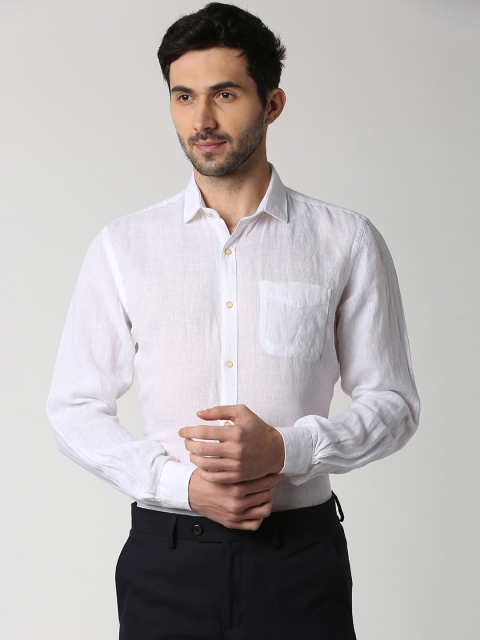 Peter England Elite Men White Regular Fit Solid Formal Linen Shirt