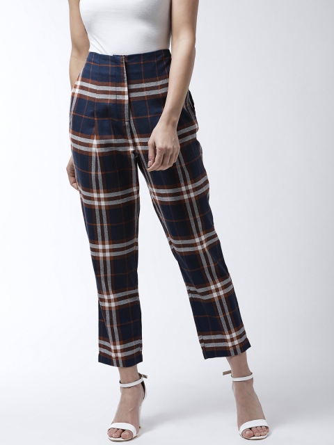 MAGRE Women Blue Slim Fit Checked Regular Trousers