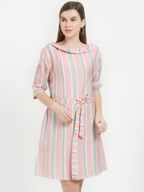 Soie Women Pink & Grey Striped A-Line Dress