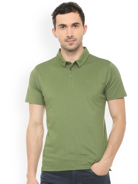 V Dot Men Green Printed Polo Collar Slim Fit T-shirt