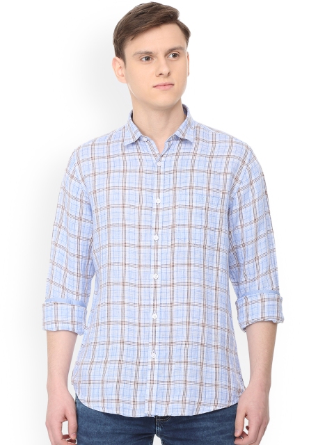 Van Heusen Sport Men Linen Blue & White Slim Fit Checked Casual Shirt