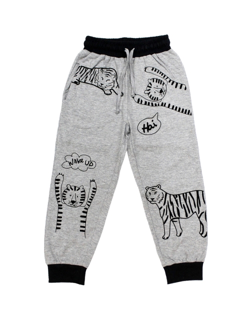 Maniac Boys Grey Melange Printed Slim-Fit Joggers