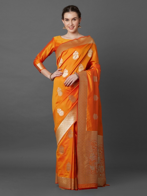 Mitera Orange Silk Blend Woven Design Banarasi Saree