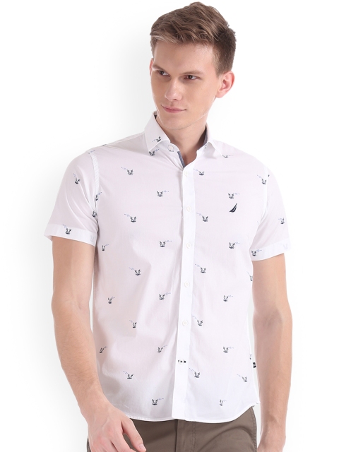 Nautica Men White Slim Fit Printed Casual Shirt