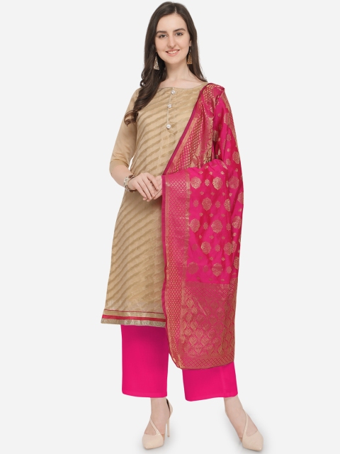 Blissta Beige & Pink Silk Blend Unstitched Dress Material