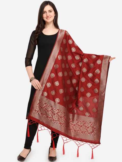 Satrani Maroon & Silver-Coloured Banarasi Woven Design Dupatta