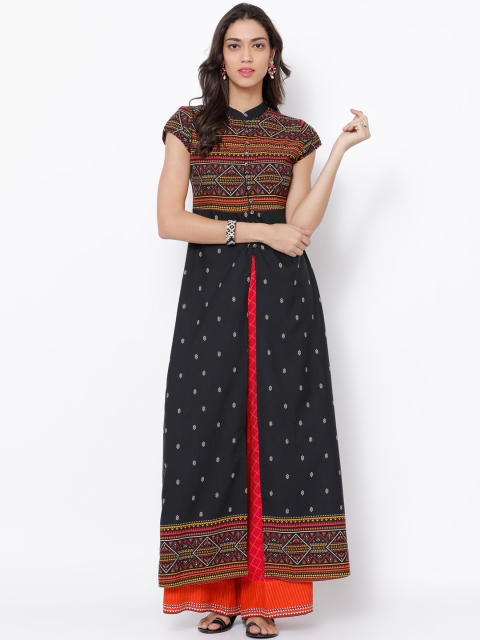 Folklore Women Black & Orange Printed A-Line Kurta