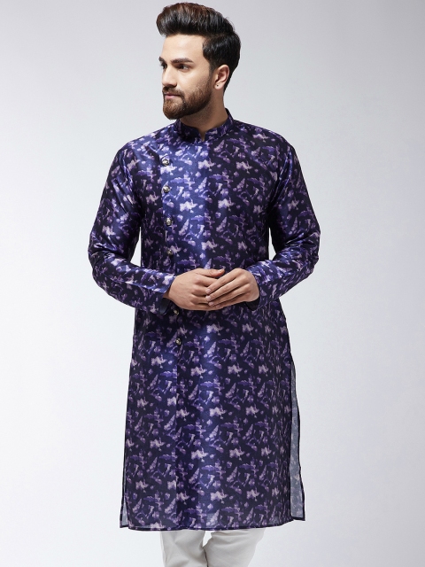 SOJANYA Men Navy Blue & Purple Printed Straight Kurta