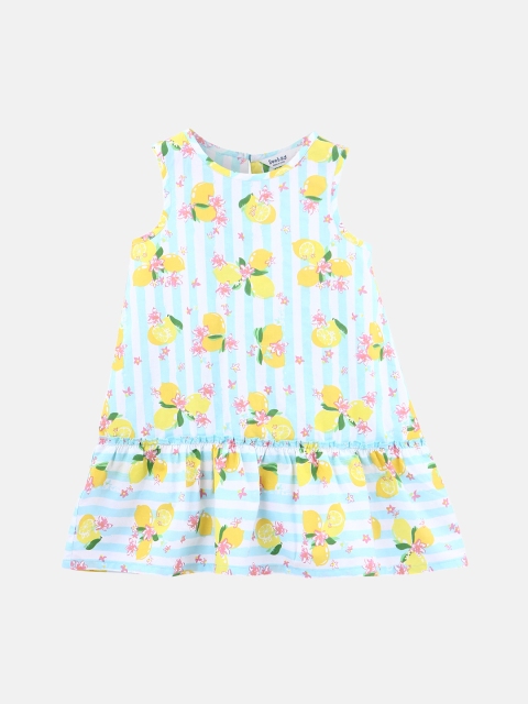 Beebay Girls Turquoise Blue & Orange Printed Drop-Waist Dress