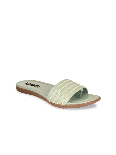 Shoetopia Women Green Embellished Open Toe Flats