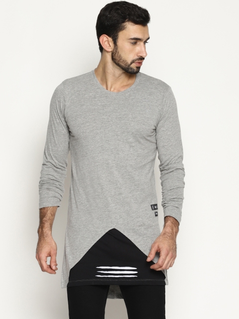 KULTPRIT Men Grey Melange Colourblocked High-Low Hem T-shirt