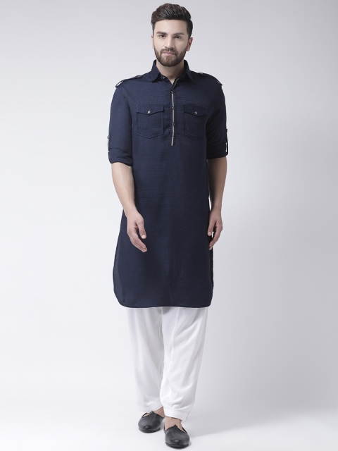 I Know Men Navy Blue & White Self Design Kurta with Salwar