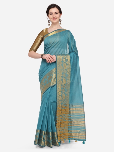 Pisara Turquoise Blue Silk Blend Solid Chanderi Saree