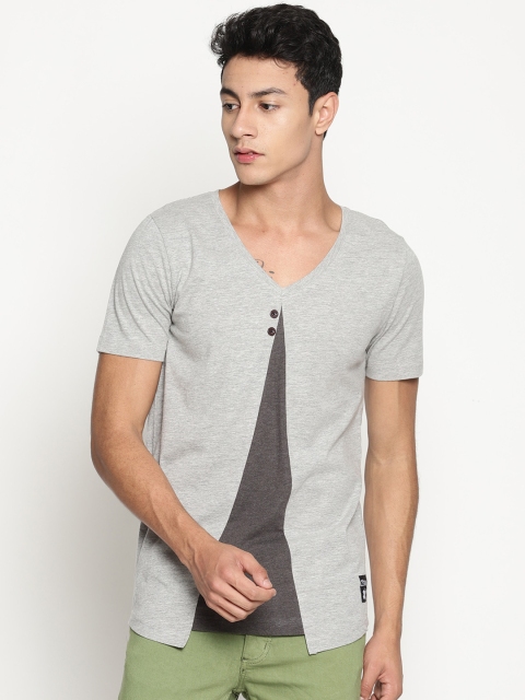 KULTPRIT Men Grey Melange Colourblocked V-Neck T-shirt