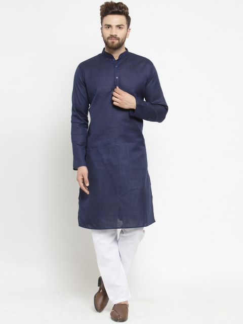 TREEMODA Men Navy Blue & White Solid Straight Kurta with Pyjamas