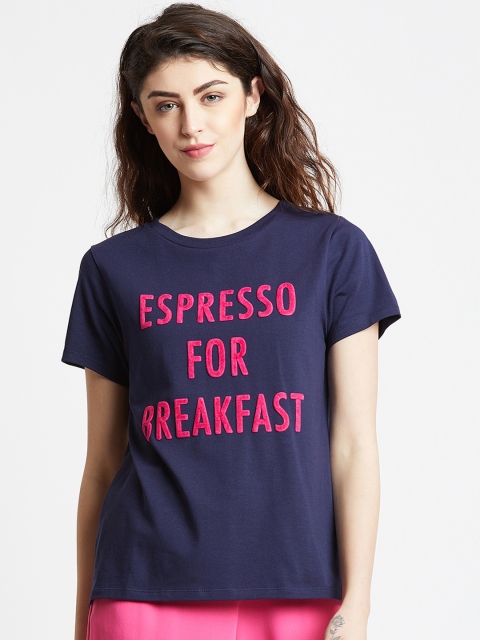 COVER STORY Women Navy Blue Printed Round Neck T-shirt