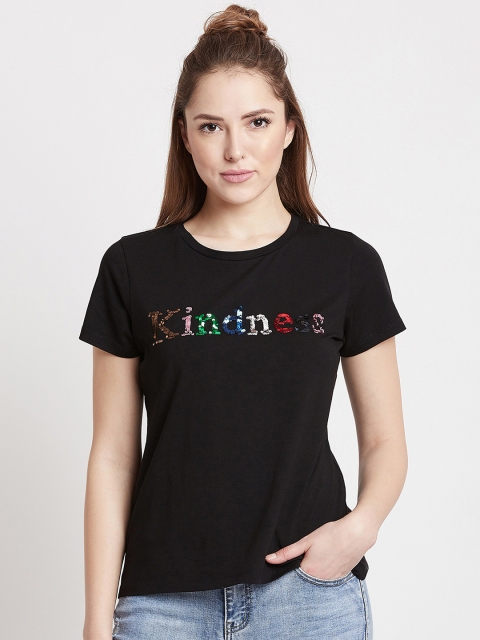 COVER STORY Women Black Printed Round Neck T-shirt