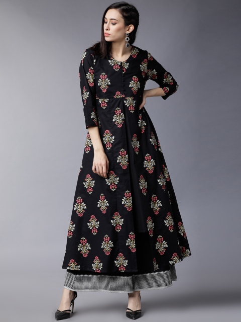 Vishudh Women Black Printed Layered Kurta with Palazzos