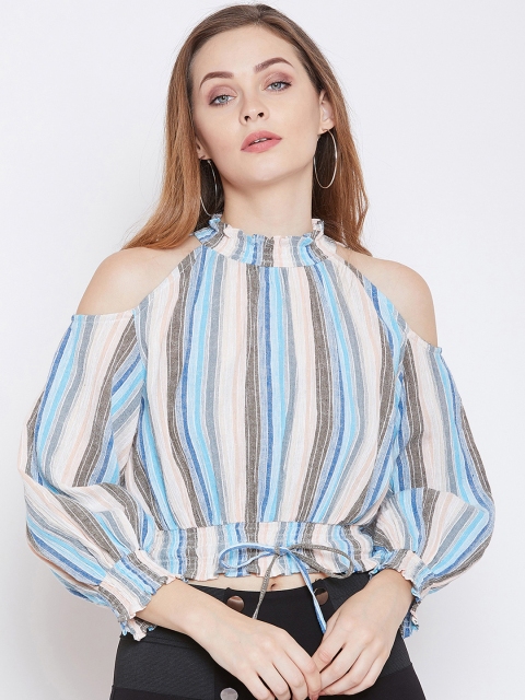 Zastraa Women Multicoloured Candy Striped Blouson Top, Multi