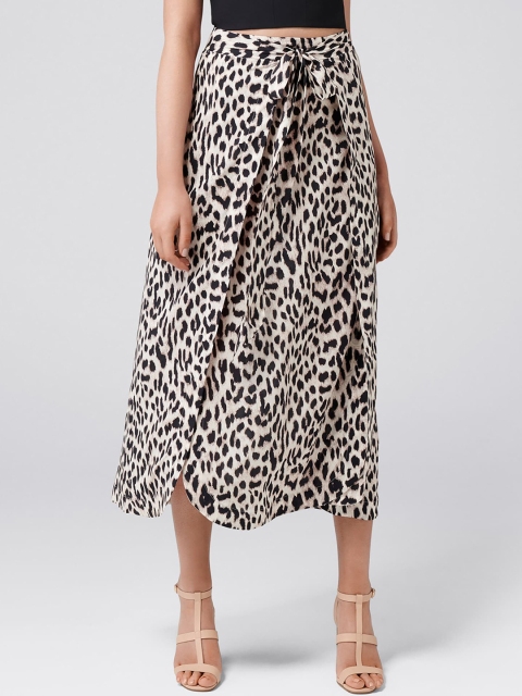 Forever New Women Beige & Black Printed Midi Skirt