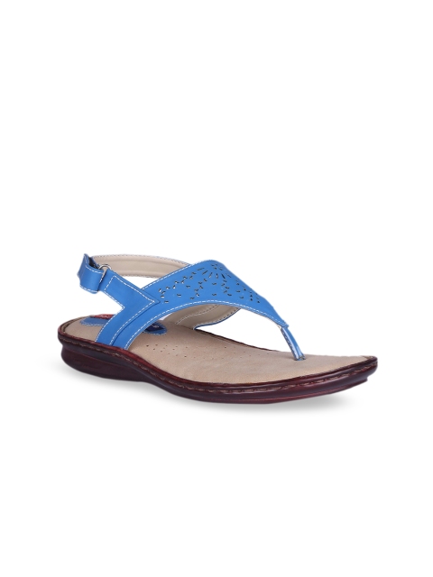 MSC Women Blue Textured T-Strap Flats