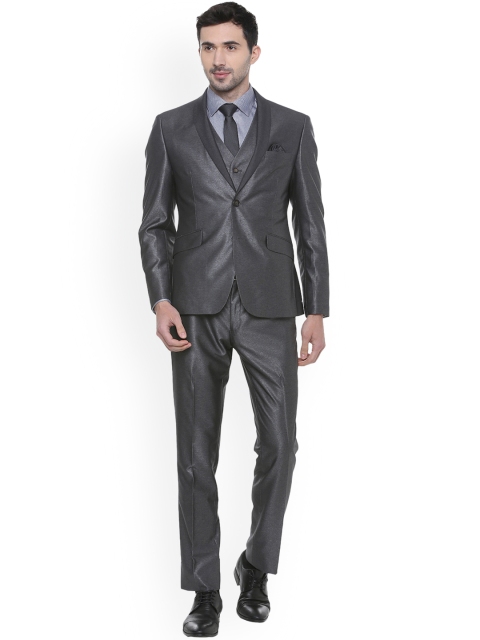 V Dot Men Grey Solid Three-Piece Suit