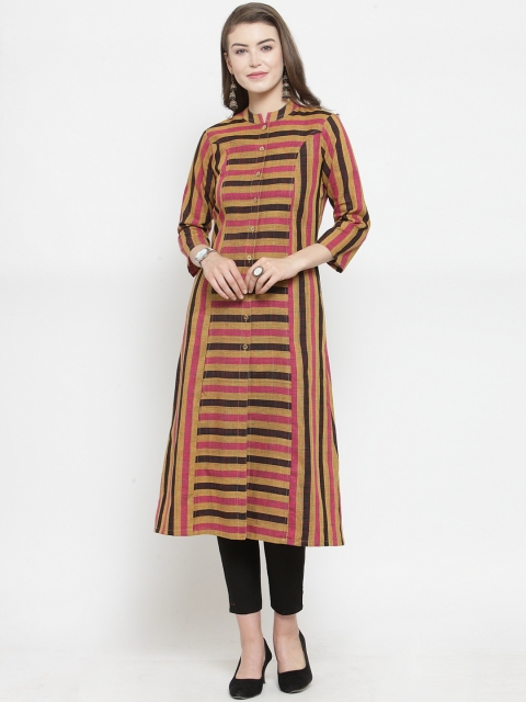 Jompers Women Brown & Black Striped Kurta with Trousers