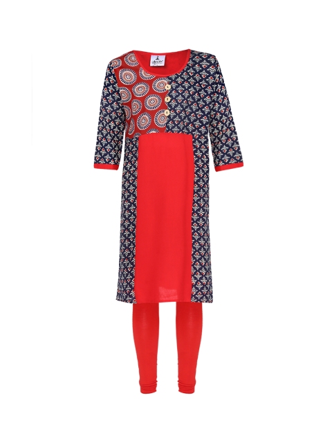 Aarika Girls Red & Blue Printed Kurti with Churidar