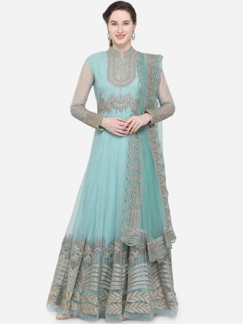 Stylee LIFESTYLE Turquoise Blue Net Semi-Stitched Dress Material