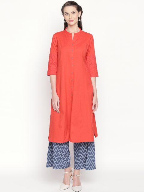 RANGMANCH BY PANTALOONS Women Coral Pink Solid Straight Kurta
