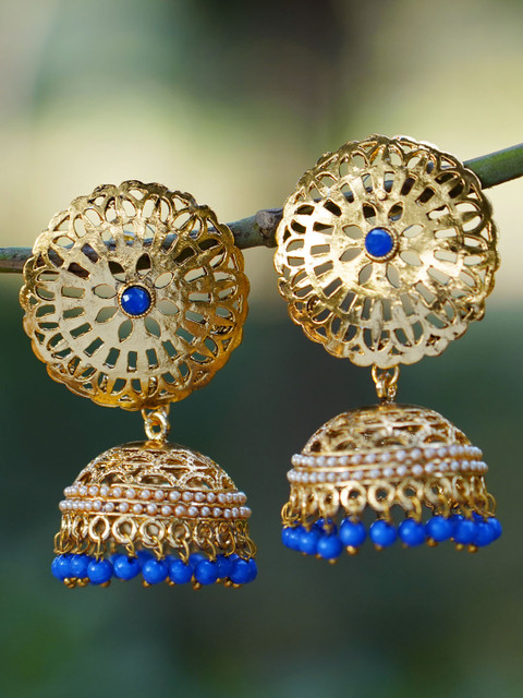 Shining Diva Gold-Plated & Blue Classic Jhumkas 
Shining Diva Gold-Plated & Blue Classic Jhumkas
