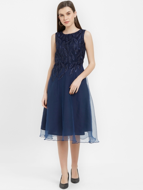 Soie Women Navy Blue Solid Fit and Flare Dress