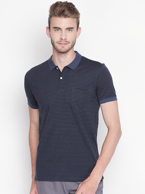 BYFORD by Pantaloons Men Navy Blue Striped Polo Collar Slim Fit Pure Cotton T-shirt