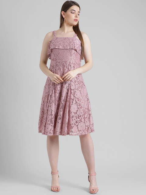 Zink London Women Mauve Self Design Fit and Flare Dress